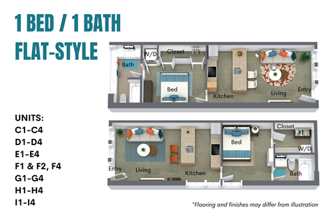 Floor plan for 1 bed, 1 bath, 579 sqft